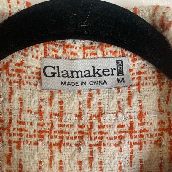 Glamaker Orange White Cropped Woven Fringe Blazer Gold Buttons - Picture 5 of 7